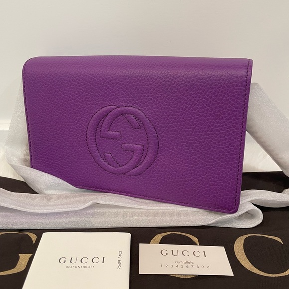 GUCCI 407041 Pebbled Calfskin Soho Wallet on Chain Crossbody Purple - Picture 5 of 9